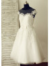 Sheer Neckline Ivory Lace Tulle Tea Length Elegant Wedding Dress